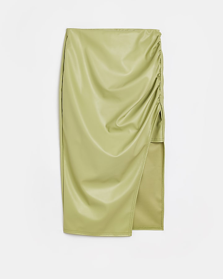 Green faux leather midi skirt