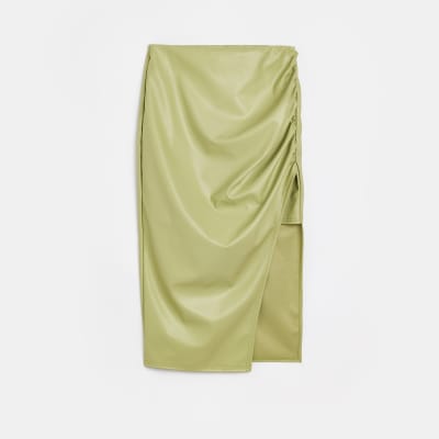 Green Faux Leather Ruched Midi Skirt River Island 