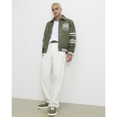 Green Faux Leather Washed Varsity Jacket