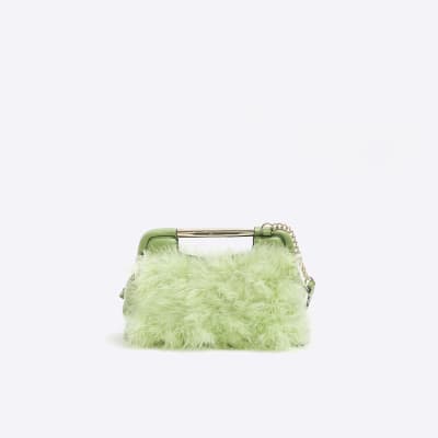 Green feather chain clutch bag River Island