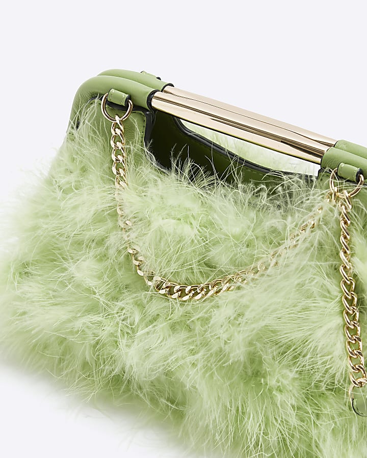 Green feather chain clutch bag | River Island