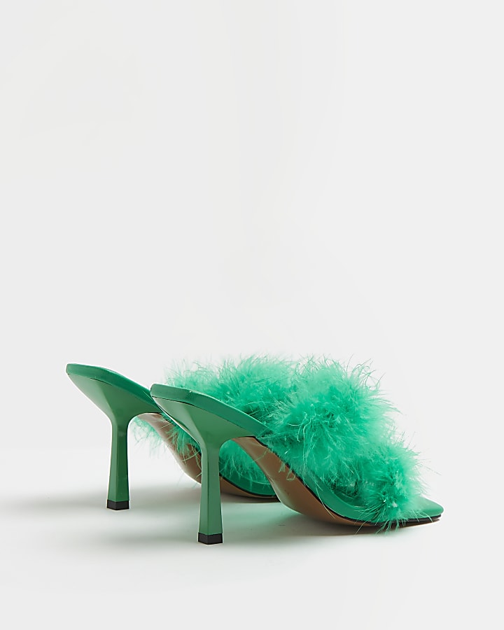 Green feather heeled mules