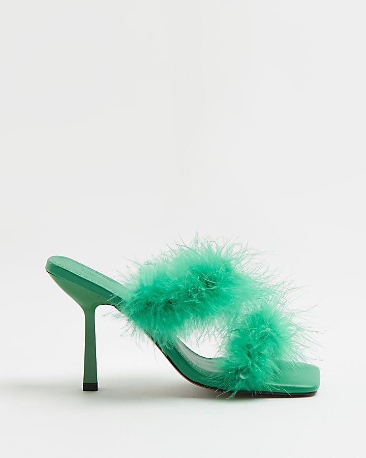 Green feather heeled mules