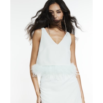 Green Feather Trim Crop Top