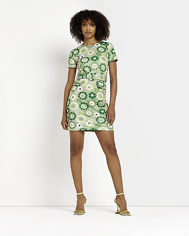 Green floral belted mini dress