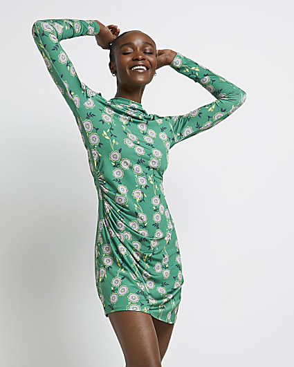 Green floral bodycon mini dress