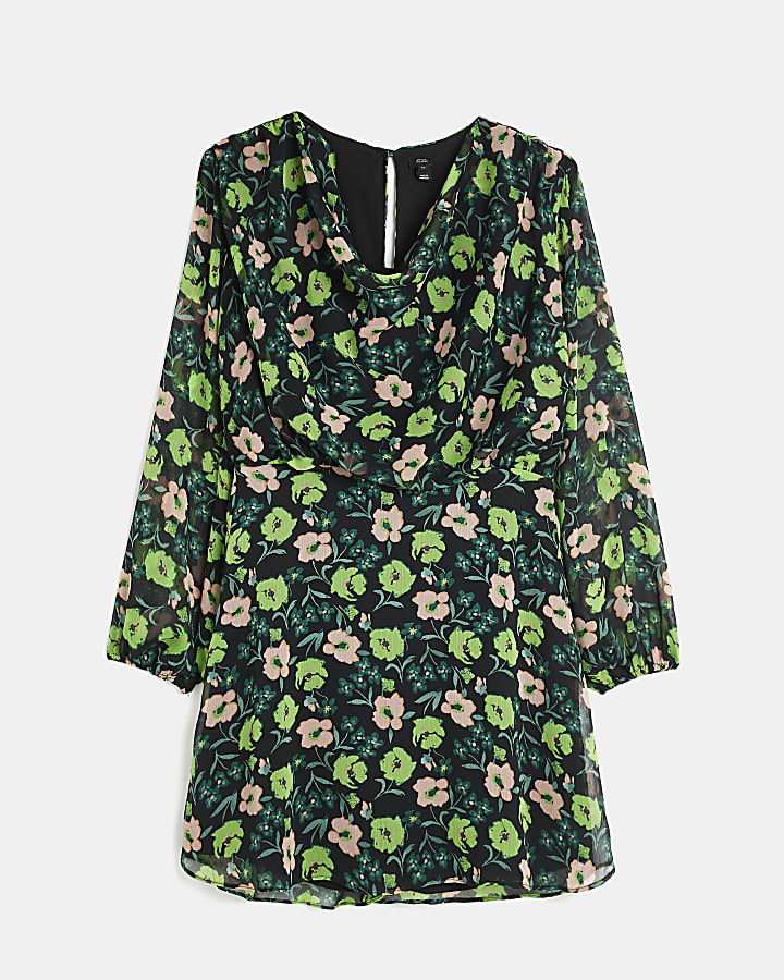 Green floral cowl neck shift mini dress