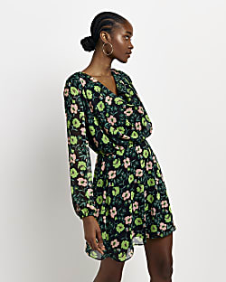 Green floral cowl neck shift mini dress