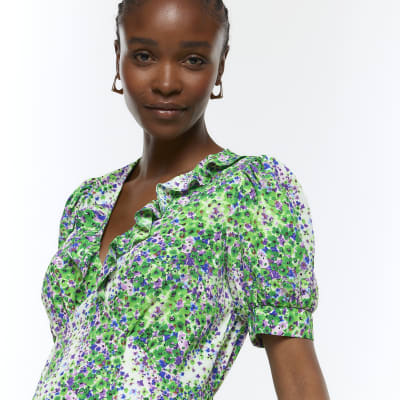 Green floral frill swing mini dress River Island