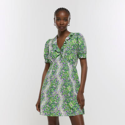 Green floral frill swing mini dress | River Island