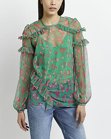 Green floral frill top