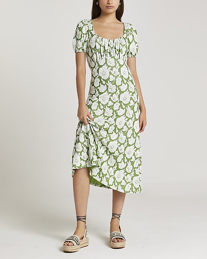 Green floral jacquard midi dress