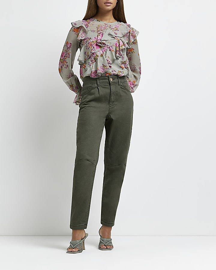 Green floral lace trim blouse