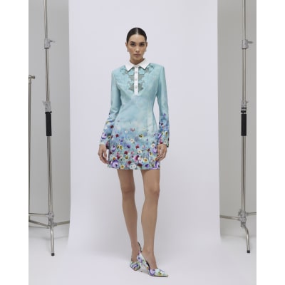 Green Floral Lace Trim Collared Mini Dress