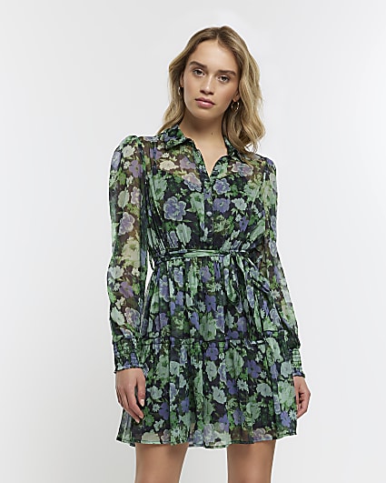 Green floral long sleeve mini shirt dress