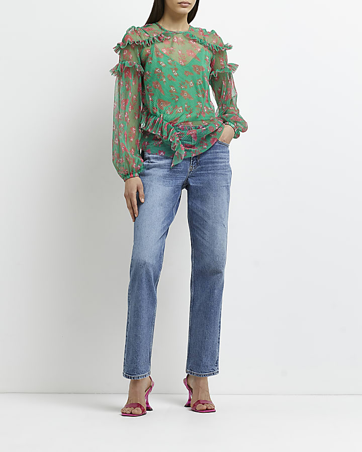 Green floral mesh frill top