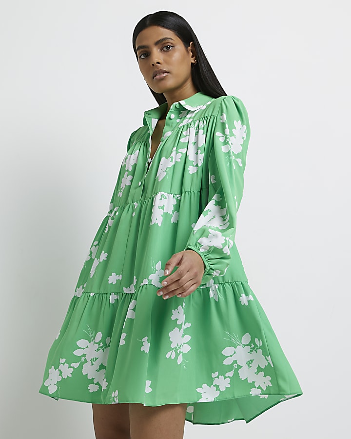 Green floral mini shirt dress