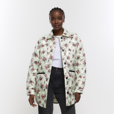 Green floral padded jacket River Island