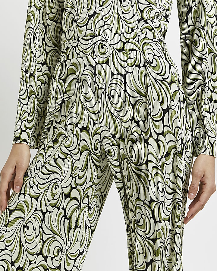 Green floral plisse wide leg trousers