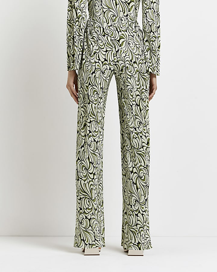 Green floral plisse wide leg trousers