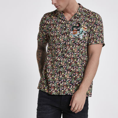 Green floral print embroidered shirt
