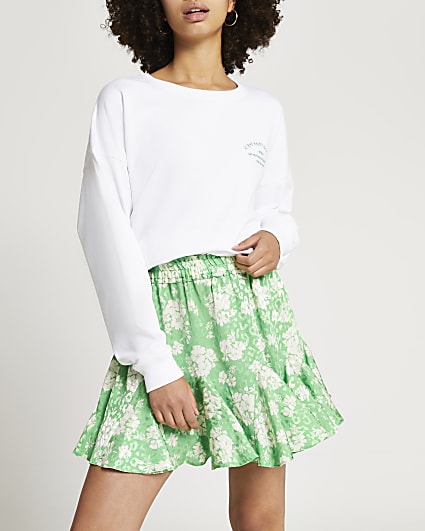 Green floral print mini skirt