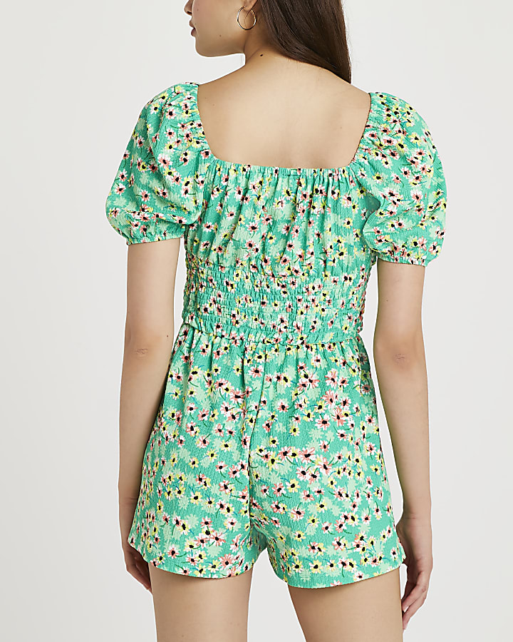 Green floral print shirred playsuit