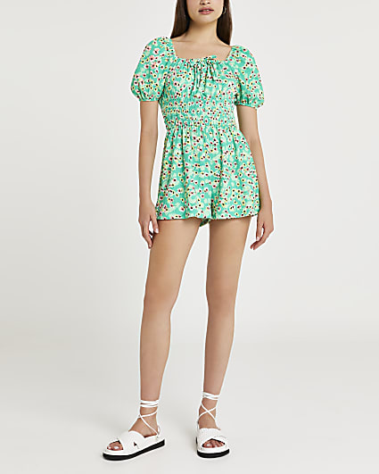 Green floral print shirred playsuit