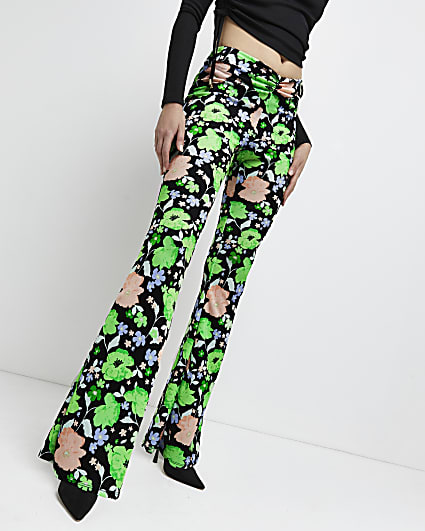 Green floral ruched flared trousers