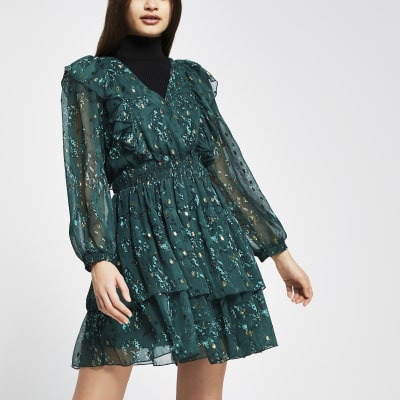 Green floral ruffle long sleeve mini dress