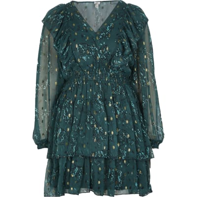 Green floral ruffle long sleeve mini dress