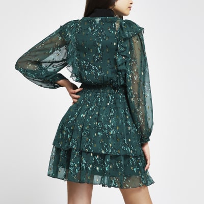 Green floral ruffle long sleeve mini dress
