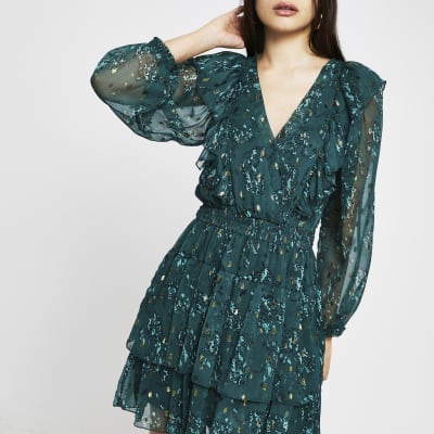 Green floral ruffle long sleeve mini dress
