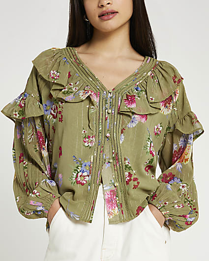 Green floral ruffled blouse
