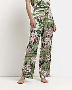 Green floral satin pyjama trousers