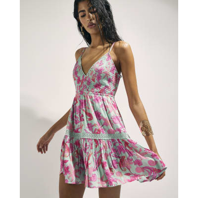 Green Floral Shirred Mini Dress | River Island