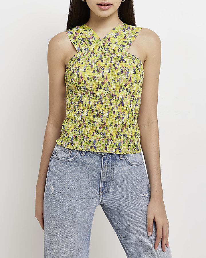 Green floral shirred top
