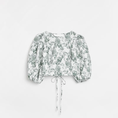 Green floral tie back crop top River Island