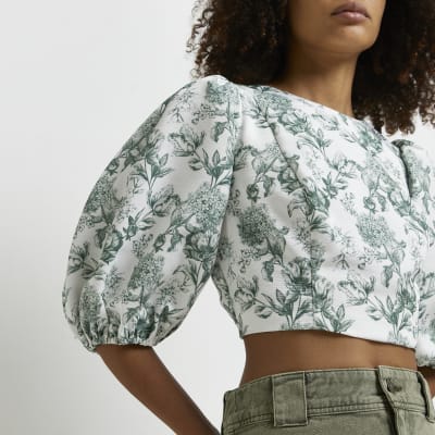 Green floral tie back crop top