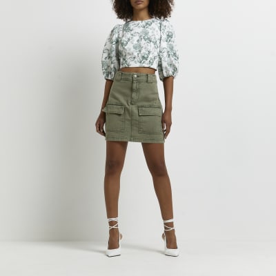 Green floral tie back crop top