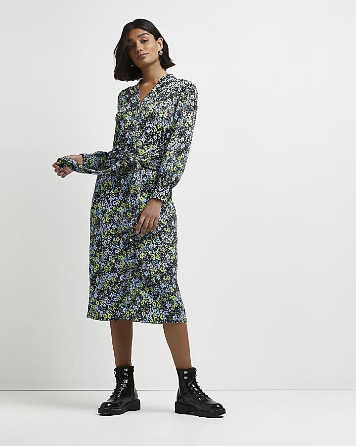 Green floral tie front midi dress