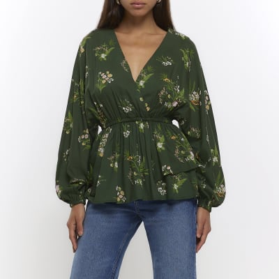 Green floral wrap blouse River Island