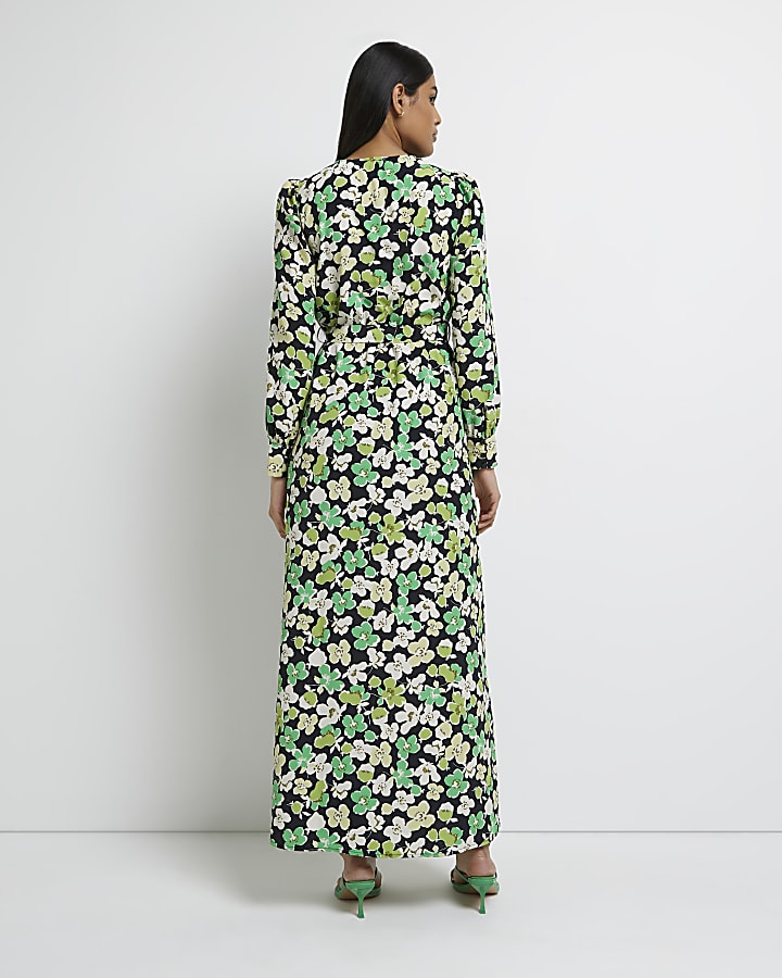 Green floral wrap maxi dress
