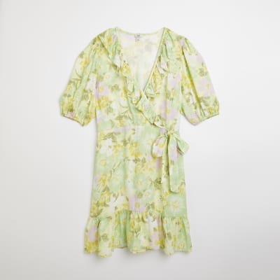 Green floral wrap mini dress