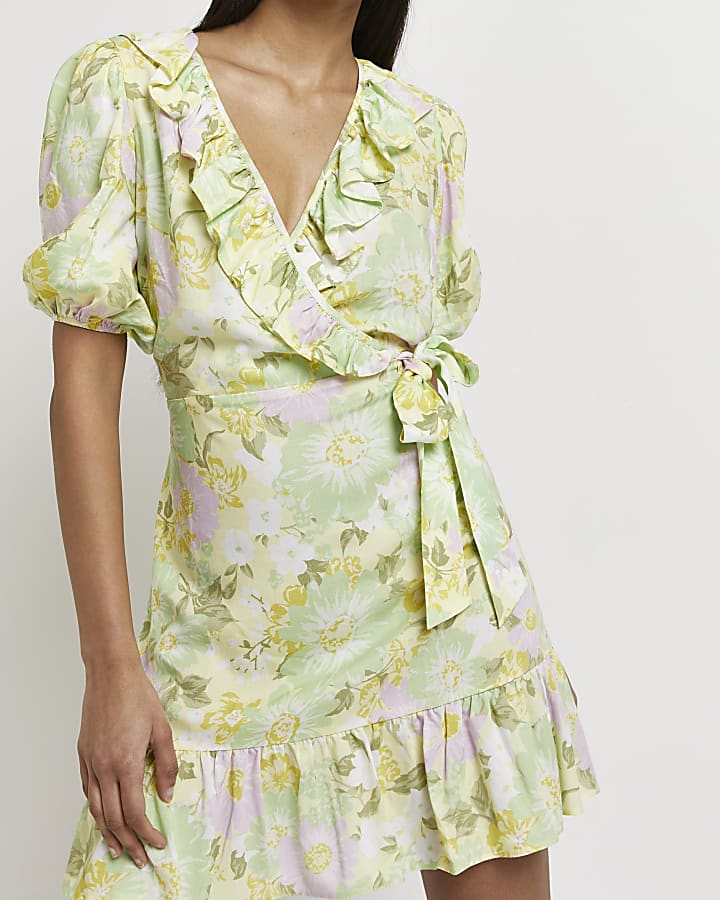 Green floral wrap mini dress