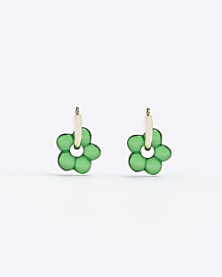 Green flower drop hoop earrings