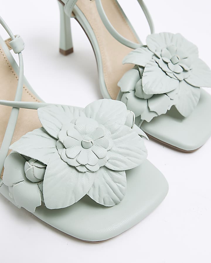 Green flower tie up heeled sandals