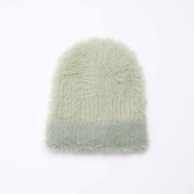Green fluffy rib beanie hat | River Island