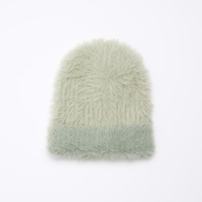 Green fluffy rib beanie hat River Island