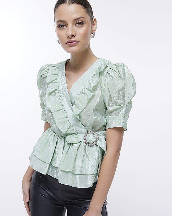 Green frill wrap blouse